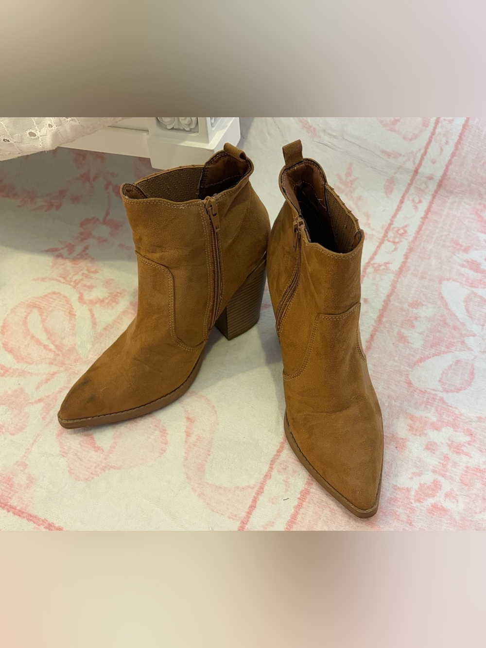 Crown & Ivy Women's Suede Pointed Toe Ankle Boots with Gold Detailing - Size 8
